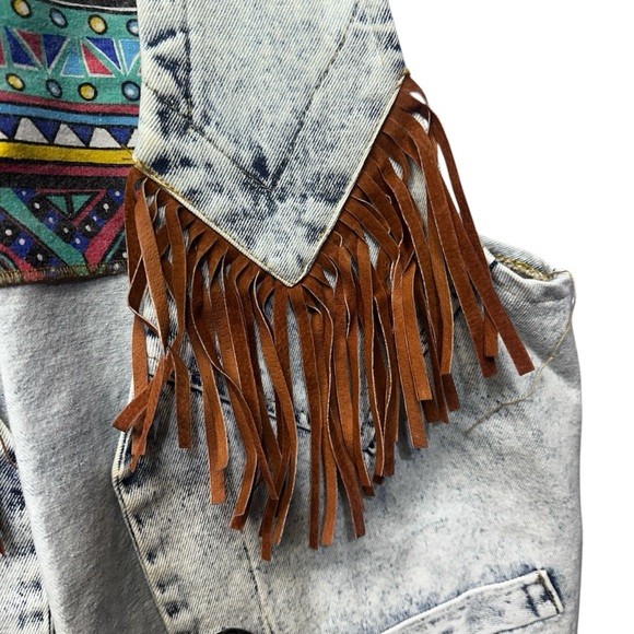 Western 80’s Stone Washed Fringe Denim Vest by Bazerk Medium - Picture 5 of 16